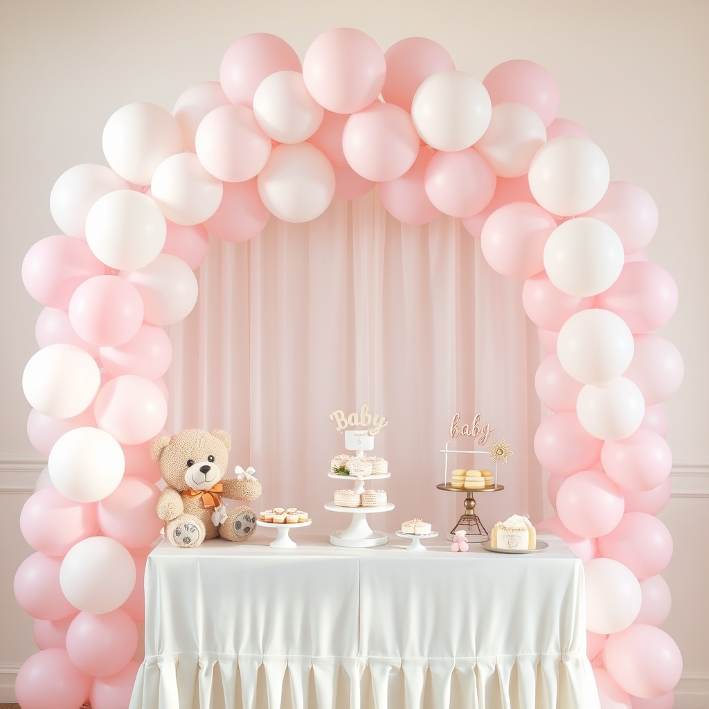 Baby shower rosa y blanco con globos